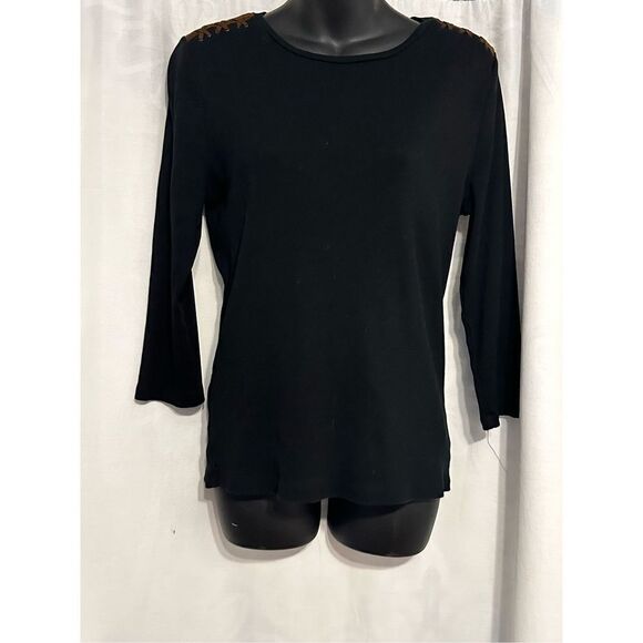 Beautiful Lauren by Ralph Lauren Ribbed Top Black w/Brown Suede Shoulder Patches - Picture 1 of 5
